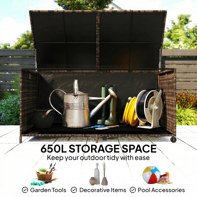 Outsunny 650L Garden Storage Box with 2 Wheels, Rattan Deck Box with Waterproof Zipped Liner, Safe Pneumatic Rods, Mixed Brown