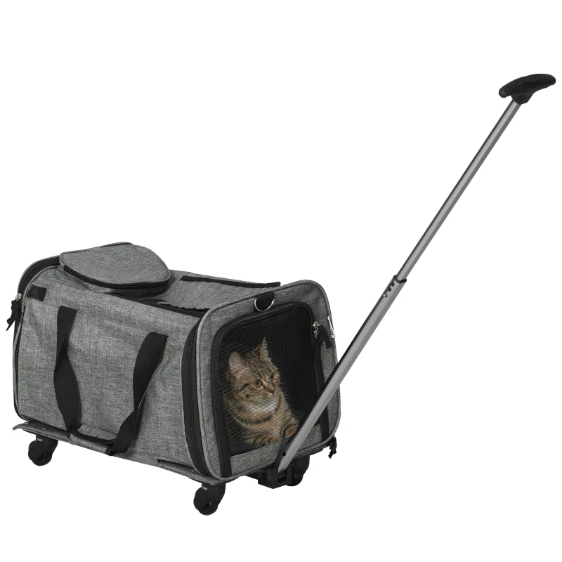 PawHut Sac de transport pour animaux 4 en 1 trolley chariot panier à roulette sa bandoulières 4 roulettes amovibles gris