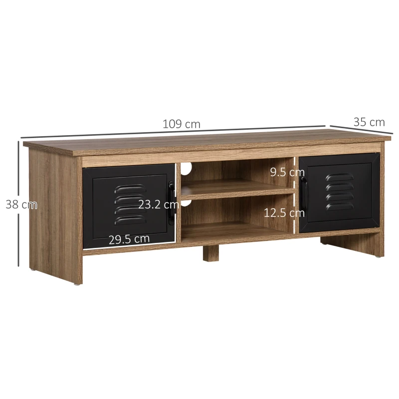 HOMCOM Comodă TV 110 cm, Design Industrial, cu 2 dulapuri, 2 nișe, 2 orificii pentru cabluri, Aspect lemn cu vene, Uși metal negre