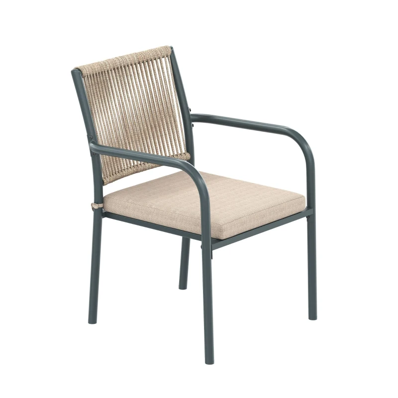 Conjunto de muebles de jardín moderno de 5 piezas, mesa redonda con tablero de vidrio templado, 4 sillas con reposabrazos y respaldo de cuerda, Gris