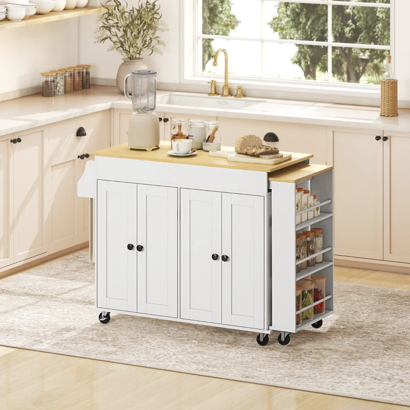 HOMCOM Isola cucina su ruote con piano estensibile, ripiani regolabili e portaspezie, Bianco