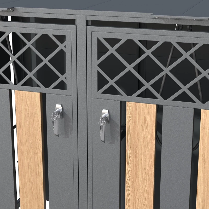 Mülltonnenbox mit hydraulisch gestütztem Klappdeckel, 4 separate Fächer, für Außenbereich, 264x80x118.5 cm, Grau+Naturfarbe