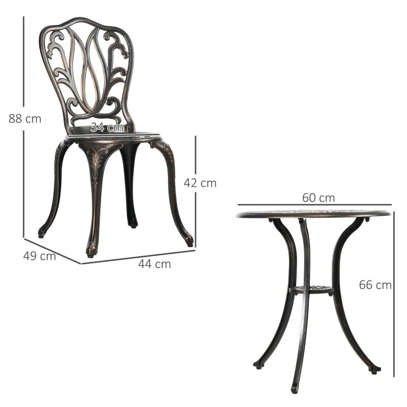 Outsunny Set Mobilier Grădină 2 Persoane 2 scaune și Masă Rotundă stil retro din aluminiu turnat, bronz
