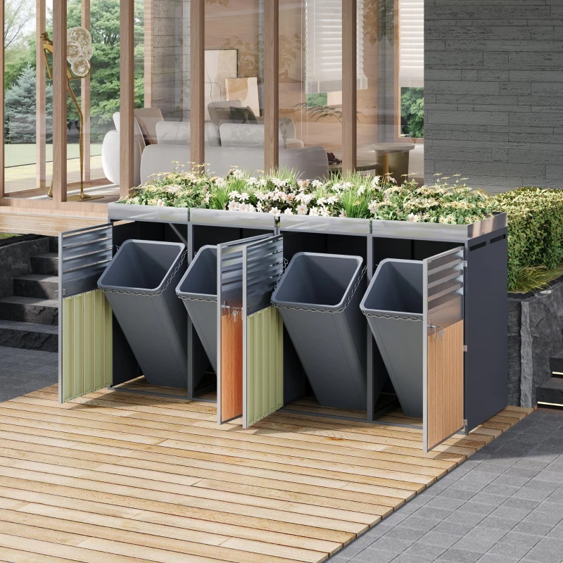 Mülltonnenbox mit integrierter Pflanzfläche, abschließbarer 4‑Fach‑Mülltonnenschrank, 264x80x124,5 cm, Grau+Naturfarbe