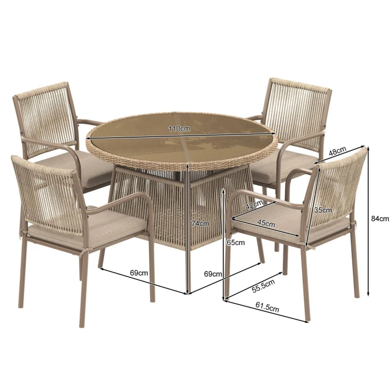 Conjunto de muebles de jardín moderno de 5 piezas, mesa redonda con tablero de vidrio templado, 4 sillas con reposabrazos y respaldo de cuerda, Marrón