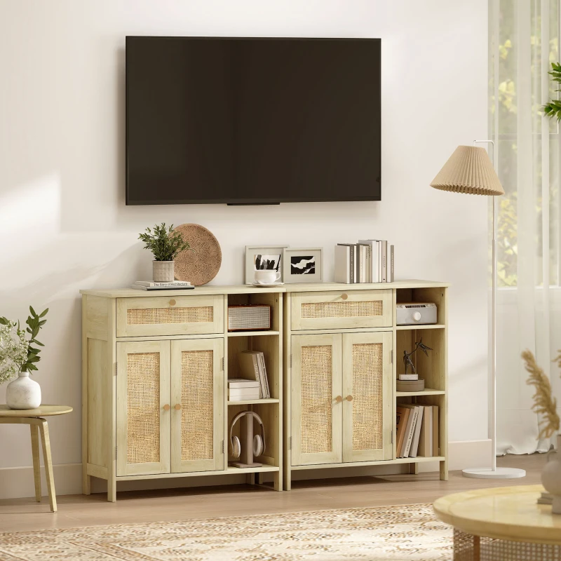 HOMCOM Bufet, mobilier de depozitare, 2 uși din ratan, sertar, nișe deschise, polițe reglabile, 75x30x79,5cm, lemn natural