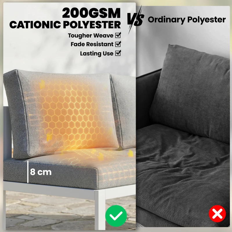 Outsunny 6 Seater Metal Garden Furniture Corner Sofa Set with 3 Loveseats, Faux Wood Table, Texteline Seat, Cushions, White