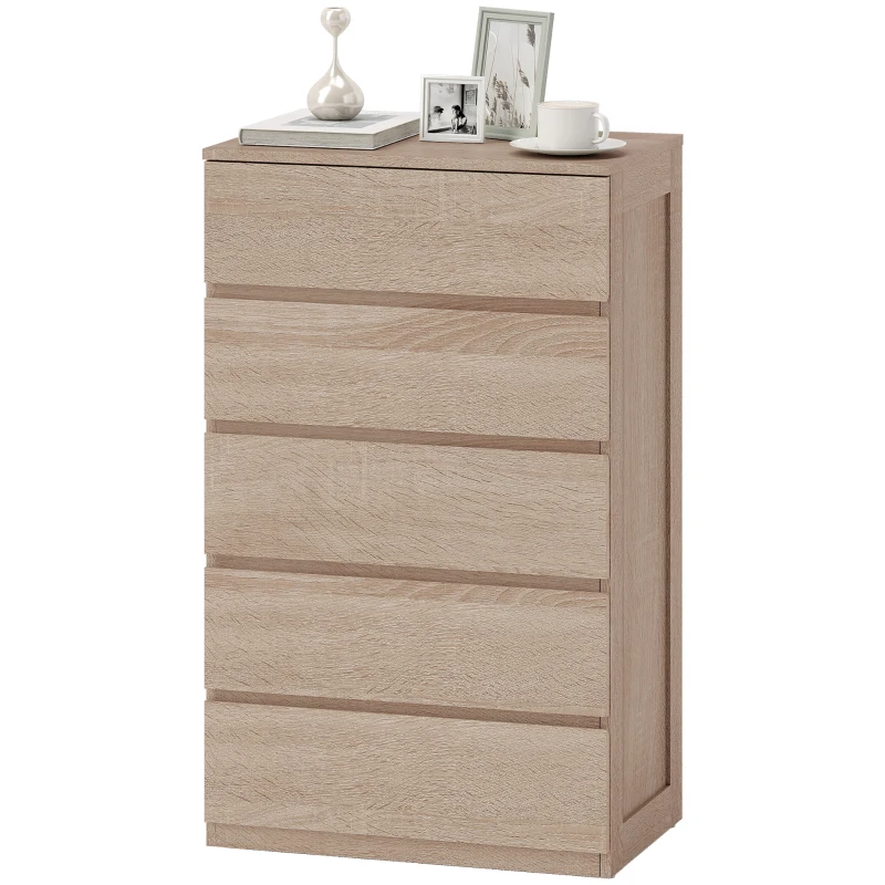 HOMCOM Comodă cu 5 Sertare din Lemn cu Ghidaje Metalice și Mânere Canelate, 60x39x100 cm, Lemn Natural
