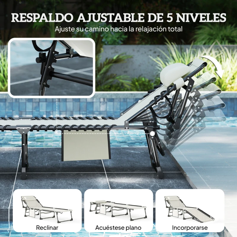 Outsunny Set de 2 Tumbonas Plegables con Reposacabezas Bolsillo Lateral y Respaldo Reclinable en 5 Posiciones Blanco Crema