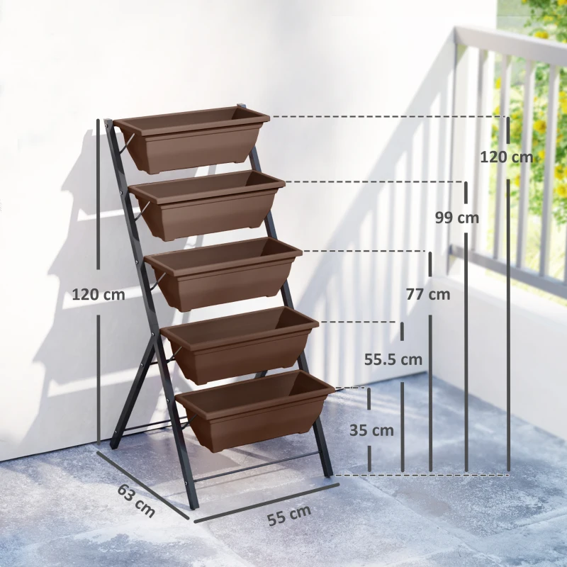 Outsunny Suport pentru plante vertical pe 5 niveluri cu 5 ghivece cu orificii pentru drenaj, din oțel și PE, 55x63x120 cm, maro