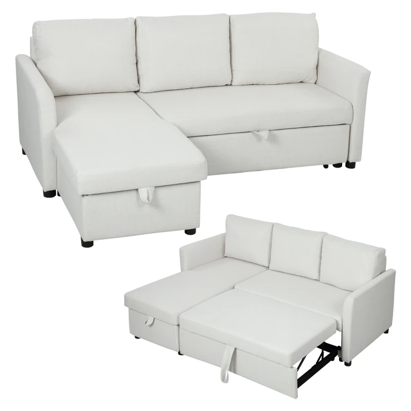 HOMCOM Divano Letto Angolare Effetto Lino con Vano Portaoggetti a Scomparsa, 192x148x86 cm, Bianco Crema