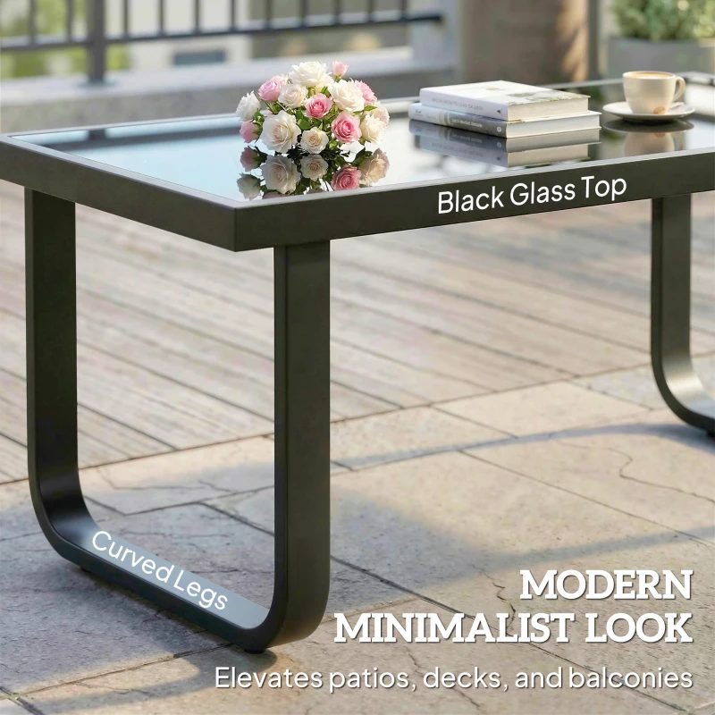 Outsunny Outdoor Garden Coffee Table, Rectangle Metal Side Table with Tempered Glass Tabletop, Adjustable Foot Pads