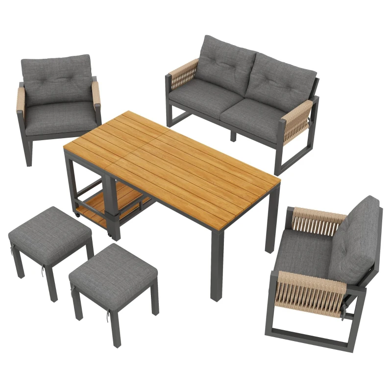 Set de sofá moderno para exterior, mesa desmontable, reposabrazos trenzados y cojines de asiento gruesos, Gris+Color natural