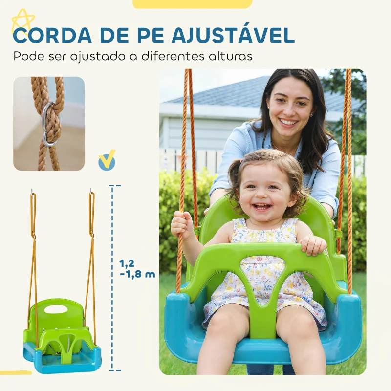 Outsunny Baloiço Infantil 3 em 1 com Cordas Ajustáveis, Encosto Removível, Barra em T e Cinto de Segurança Verde Escuro