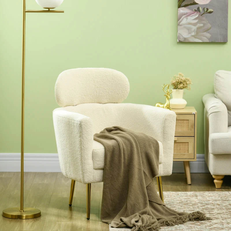 HOMCOM Fotoliu de living cu tetieră detașabilă, fotoliu crapaud din pluș teddy, picioare metalice, 71 x 65 x 90 cm, crem