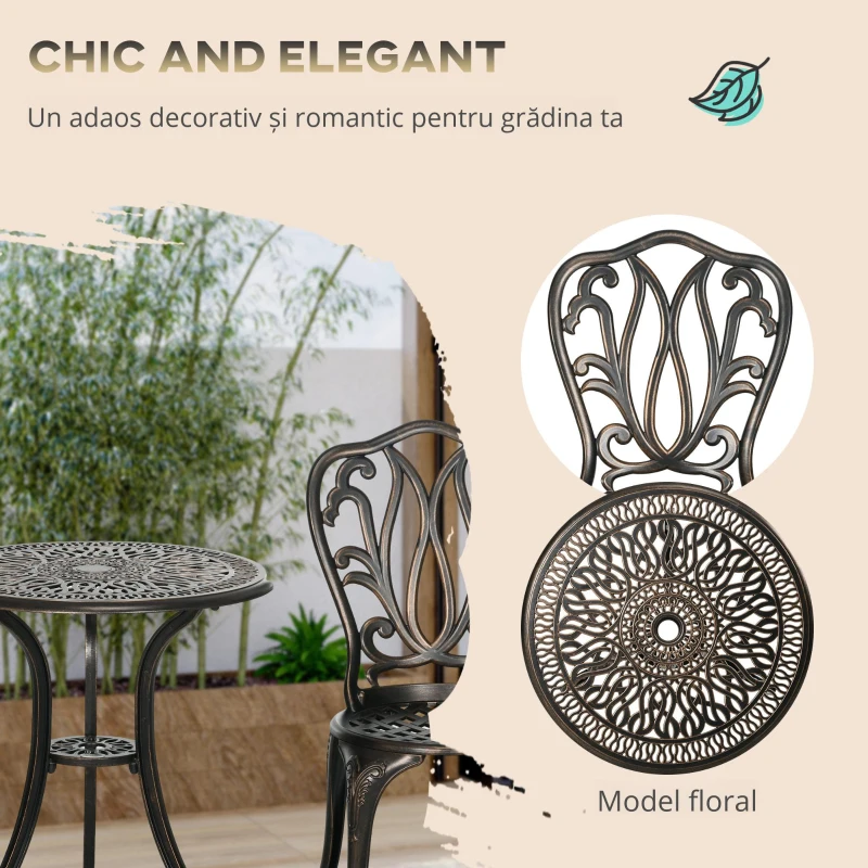 Outsunny Set Mobilier Grădină 2 Persoane 2 scaune și Masă Rotundă stil retro din aluminiu turnat, bronz