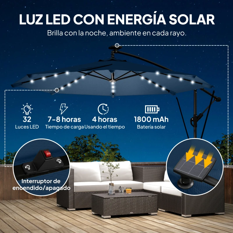 Outsunny Parasol Excéntrico con Luces LED Solares Ø345 cm Sombrilla Jardín de Aluminio con Base Cruzada Manivela Funda Azul