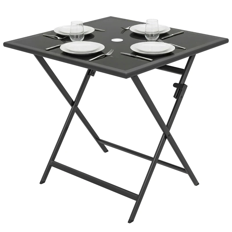 Outsunny Folding Outdoor Dining Table, Square Garden Table Tempered Glass Top with Parasol Hole Garden Patio, 70 x 70 x 70 cm