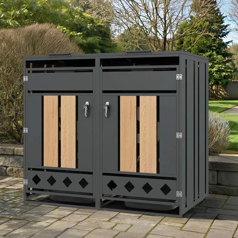 Mülltonnenbox mit hydraulischem Klappdeckel, abschließbaren Türen und zwei Fächern, 132x80x118,5 cm, Grau+Naturfarbe