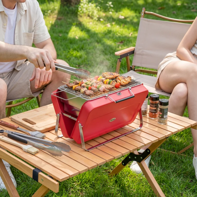 Outsunny Portable Mini Charcoal Barbecue Grill with Suitcase Shell, Outdoor Folding Tabletop BBQ Grill, Red