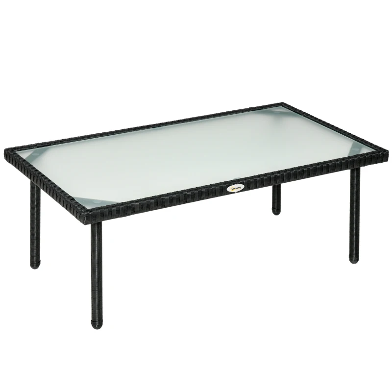 Outsunny Table basse de jardin plateau verre trempé 5 mm résine tressée imitation rotin noir