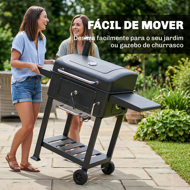 Outsunny Barbecue a Carvão Portátil com Bandeja e Ventilação Ajustável Grelha Grande Prateleiras Laterais Termómetro 112x65x115 cm Preto