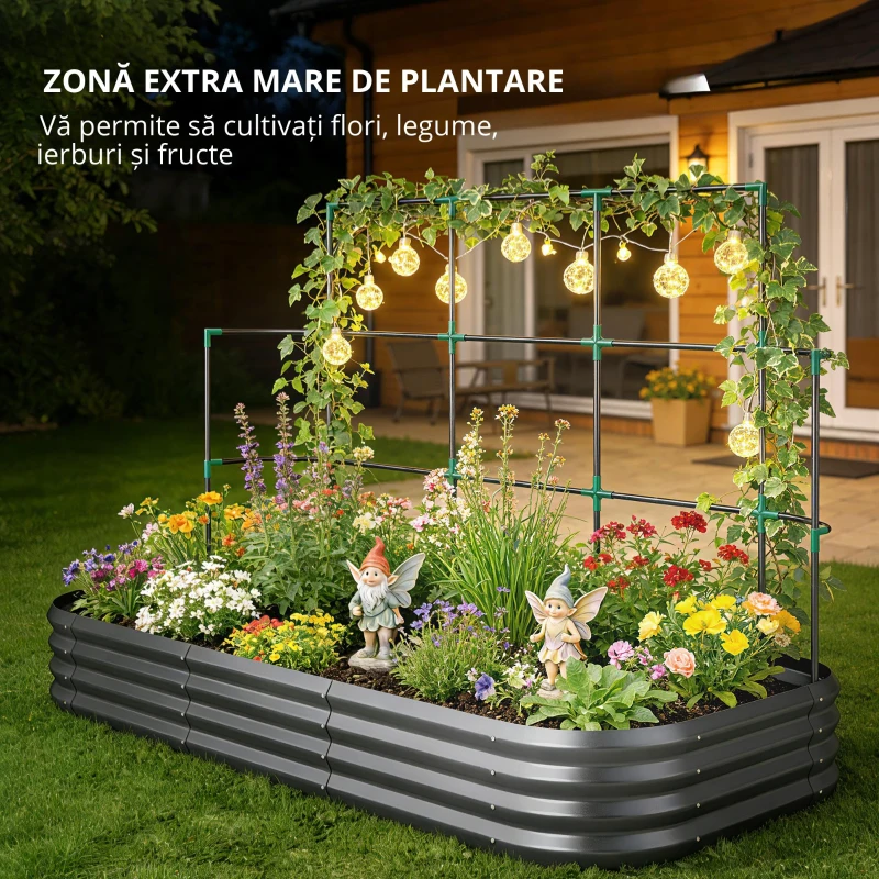 Outsunny Pat de Grădină Înălțat din Metal cu Grilaj, Suport pentru Plante Cățărătoare, Flori și Legume, 220x110x150 cm, Gri Închis
