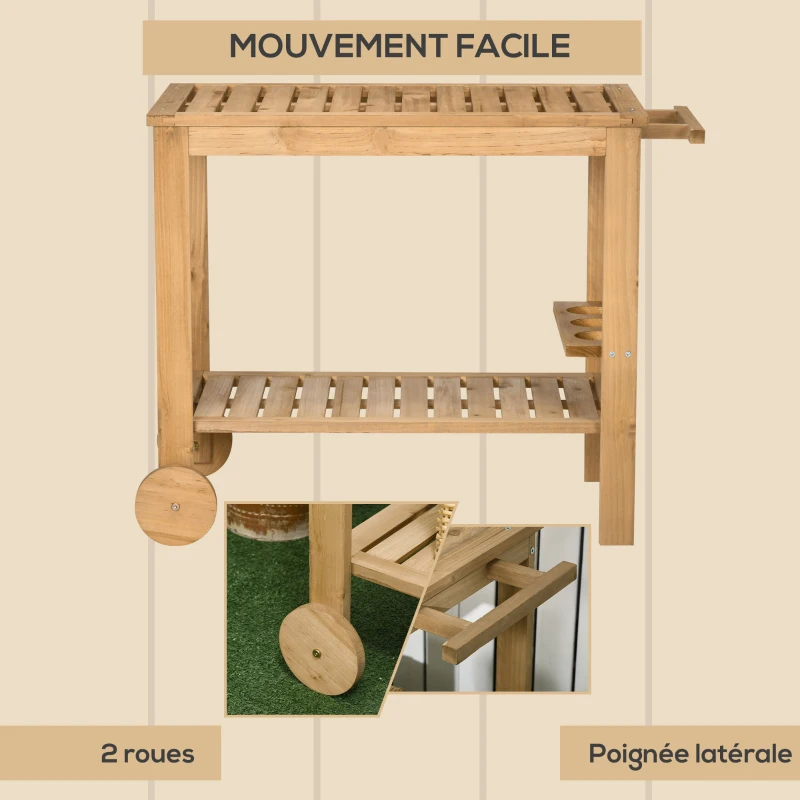 Outsunny Desserte de jardin chariot pour plancha barbecue en bois avec poignée 2 plateaux et porte-bouteilles 95 x 47 x 74 cm