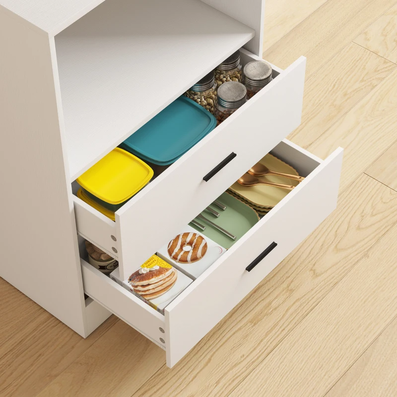 HOMCOM Meuble d'Appoint de Cuisine avec Support pour Micro-ondes 2 Tiroirs 2 Portes et Panneau Perforé en Métal Blanc