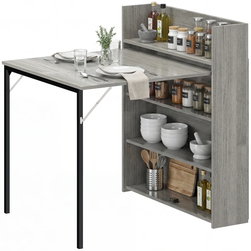 HOMCOM Kitchen Table, Folding Dining Table, with 4-Tier Shelves, Modern Drop-Leaf Table, Grey Wood Effect