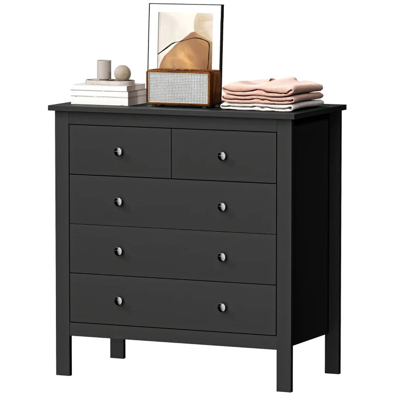 HOMCOM 5 Drawer Dresser for Bedroom, Modern Chest of Drawers, Wide Storage Unit for Living Room, Hallway, Black