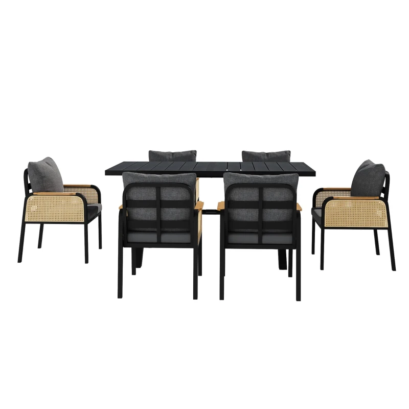 Modernes 6-teiliges Garten- und Terrassen-Esstisch-Set, kreuzförmigem Eisengestell, Schwarz+Naturfarbe