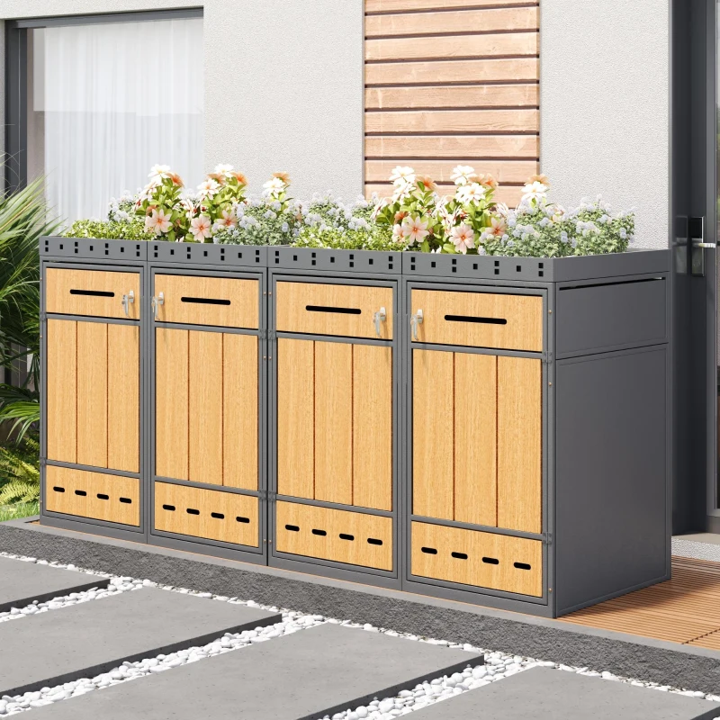 Mülltonnenbox mit Pflanztrog, für 4 Mülltonnen, Frontzugang mit Schloss und Griff, 264x80x124 cm, Grau+Naturfarbe