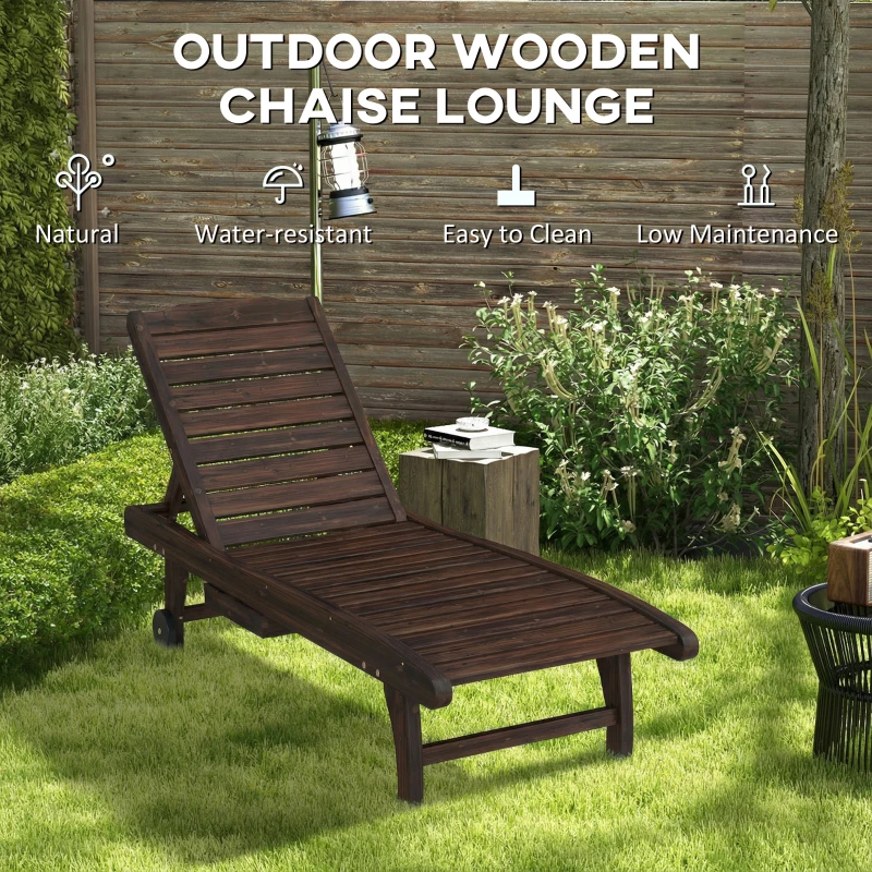 Outsunny Outdoor Wooden Sun Lounger with Built-In Table, Carbonised Finish