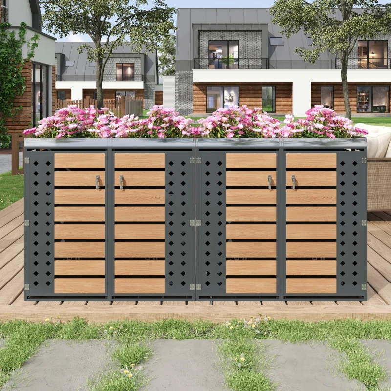 Mülltonnenbox 4‑fach, abschließbar mit integriertem Pflanzkasten, 264x80x124.5 cm, Grau+Naturfarbe