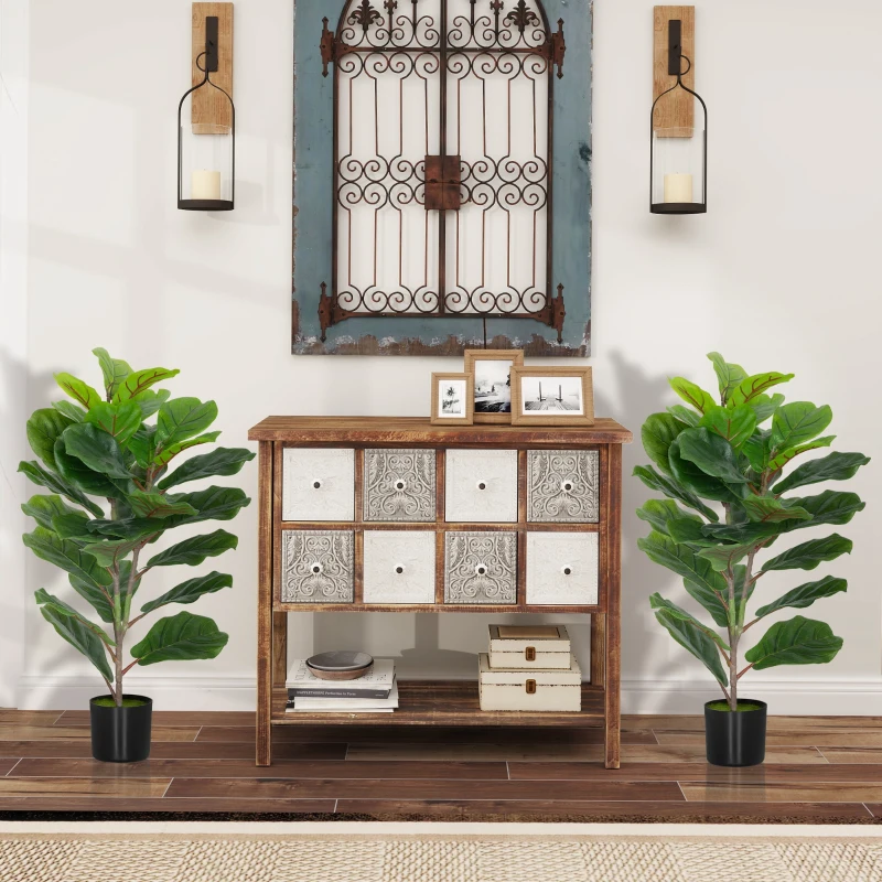 HOMCOM Set de 2 plante artificiale de interior 80 cm ficus lyrata arbore artificial cu ghiveci din plastic și sol flocat verde