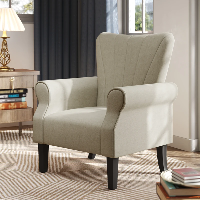 HOMCOM Upholstered Accent Chair with Rolled Arms and Wood Legs, Armchair for Living Room Bedroom, Beige