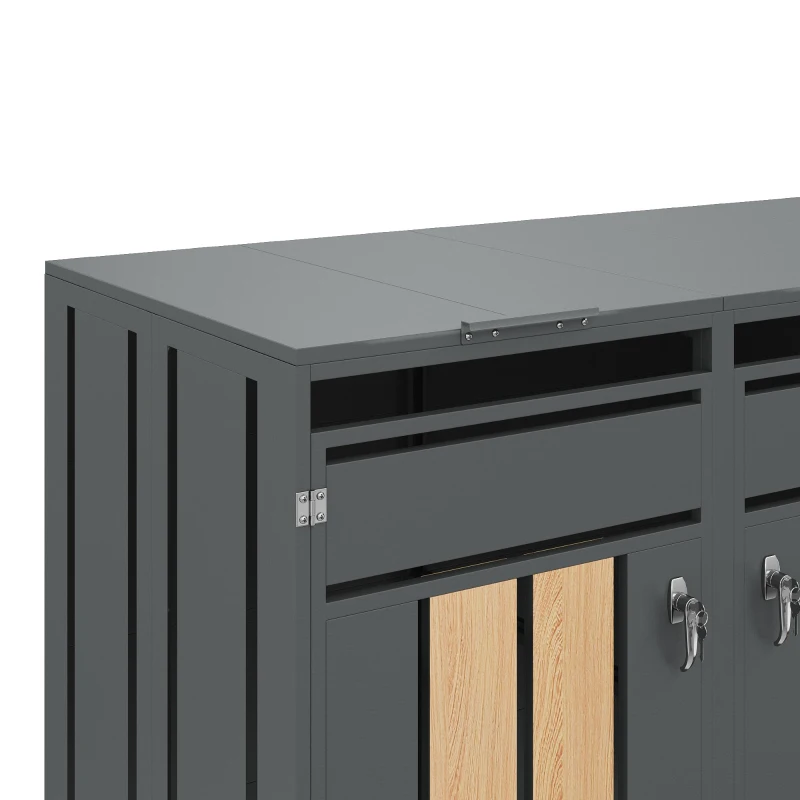 Mülltonnenbox mit hydraulischem Klappdeckel, 4 Fächer, abschließbare Türen, 264x80x118.5 cm, Grau+Naturfarbe