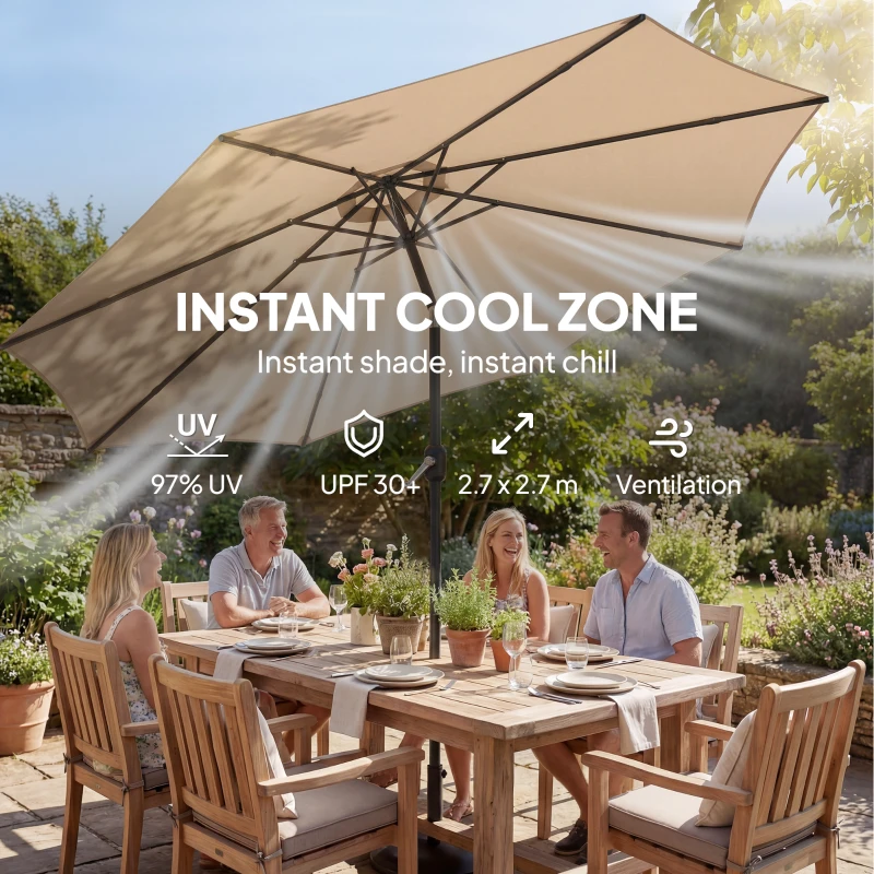 Outsunny 2.7 m Garden Parasol Umbrella with Cross Base and Sandbag, Retractable Ribs, Outdoor Table Market Umbrella, Khaki