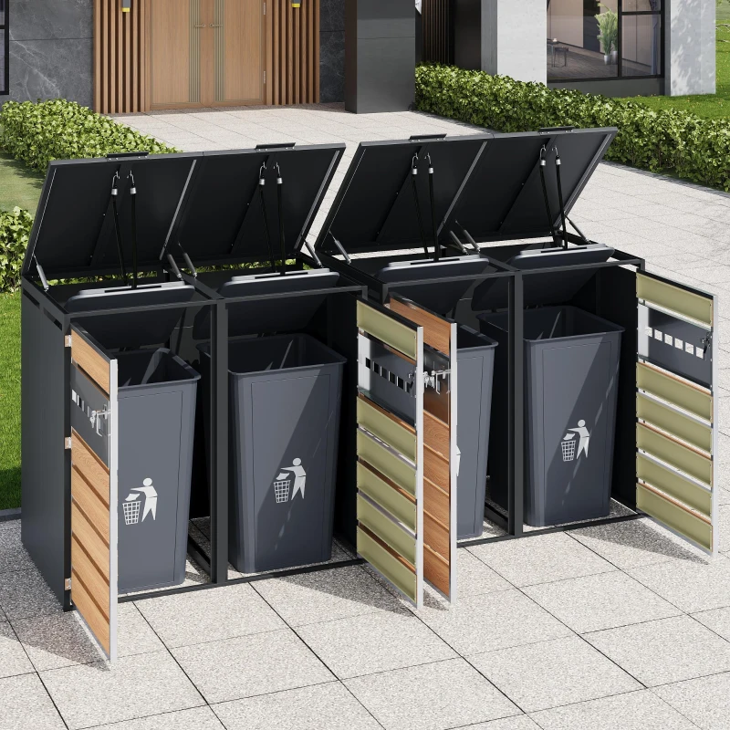 Mülltonnenbox mit hydraulischem Klappdeckel, 4 Fächern und separaten abschließbaren Türen, 264x80x118,5 cm, Grau+Naturfarbe