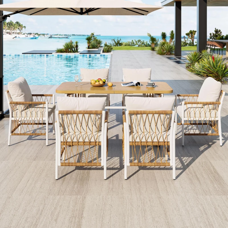 Modernes 7-teiliges Gartenmöbel-Set, weißes Eisengestell mit geflochtenen Armlehnen, 1 Tisch + 6 Stühle, Beige+Naturfarbe