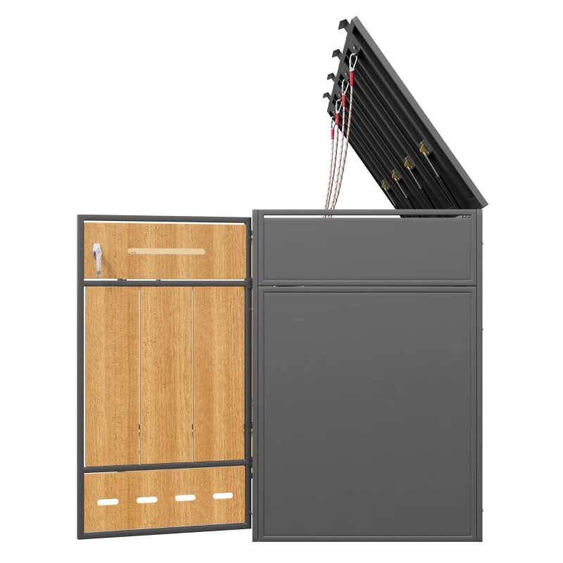 Mülltonnenbox mit Klappdeckeln und frontöffnenden Türen, für 4×120–240 l , 264x84.5x118 cm, Grau+Naturfarbe