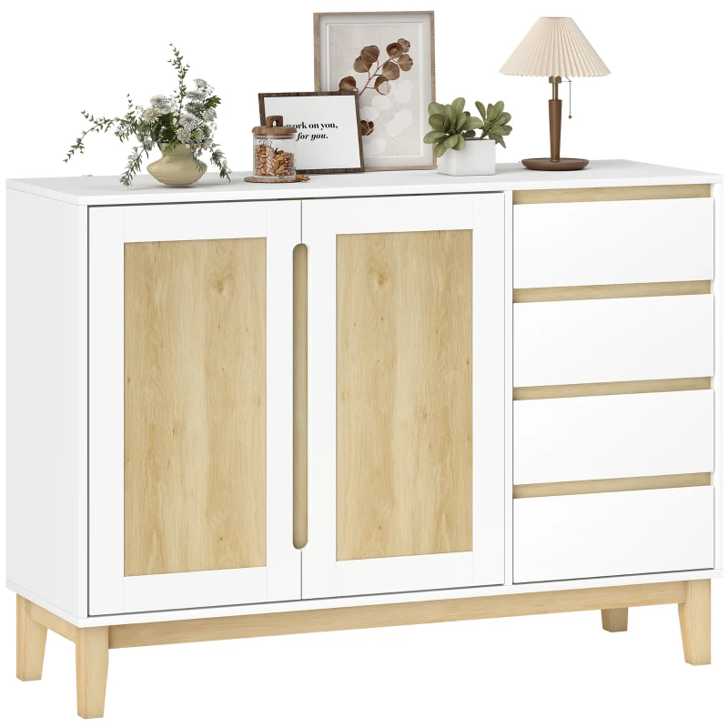 HOMCOM Bufet, mobilier de depozitare cu 2 uși și 4 sertare, raft reglabil, 120 x 40 x 86 cm, alb și stejar
