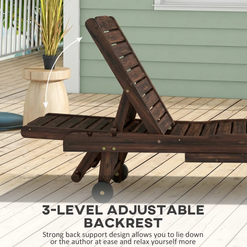 Outsunny Outdoor Wooden Sun Lounger with Built-In Table, Carbonised Finish