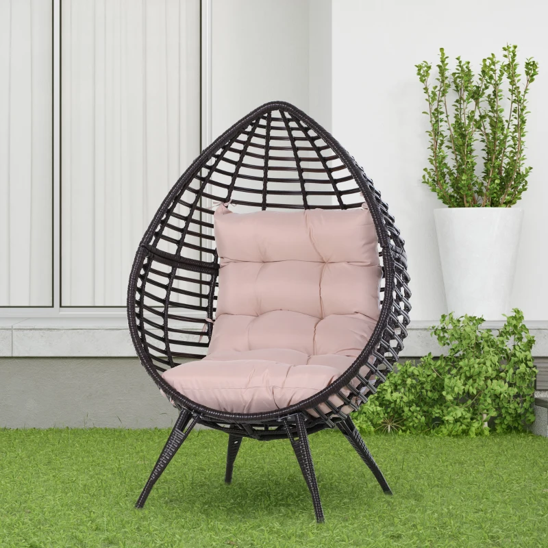 Outsunny Fauteuil cocon oeuf sur pied design dim. 101L x 89l x 156H cm coussin beige déhoussable grand confort inclus métal résine chocolat