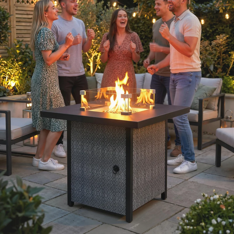 Outsunny Propane Gas Fire Pit Table for Garden, 11.7 KW Smokeless Firepit Outdoor Heater with Wind Guard, Glass Rocks, Lid, Black