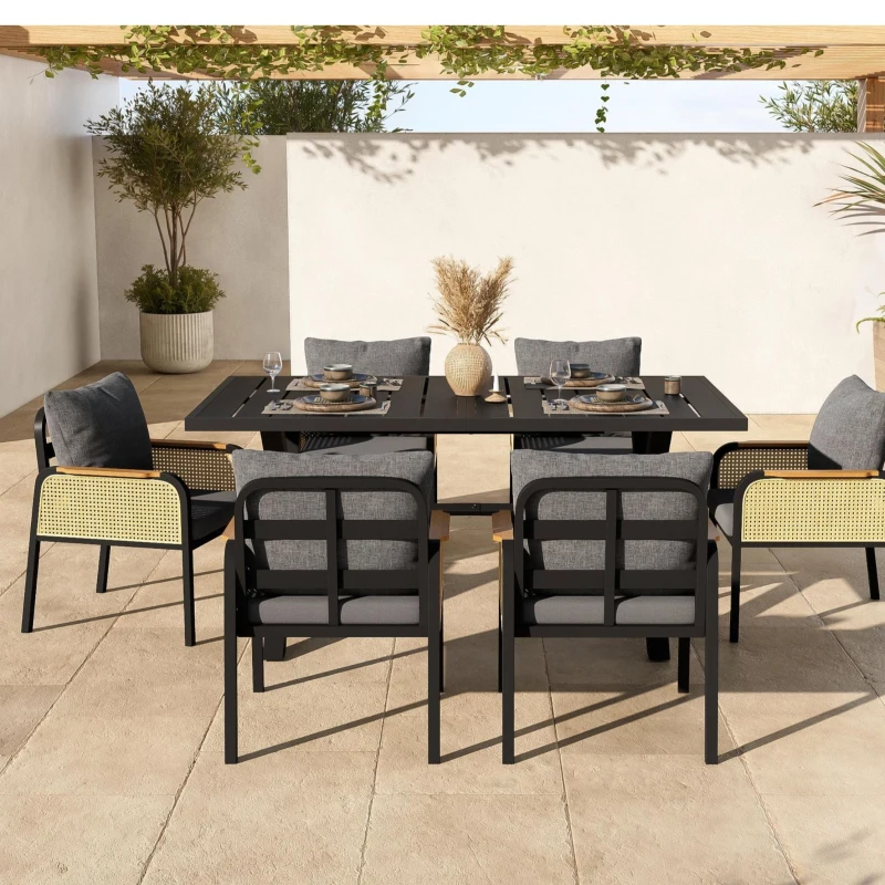 Modernes 6-teiliges Garten- und Terrassen-Esstisch-Set, kreuzförmigem Eisengestell, Schwarz+Naturfarbe