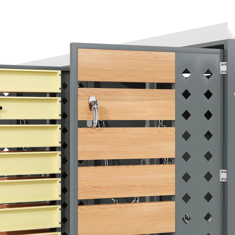 Mülltonnenbox 4‑fach, abschließbar mit integriertem Pflanzkasten, 264x80x124.5 cm, Grau+Naturfarbe