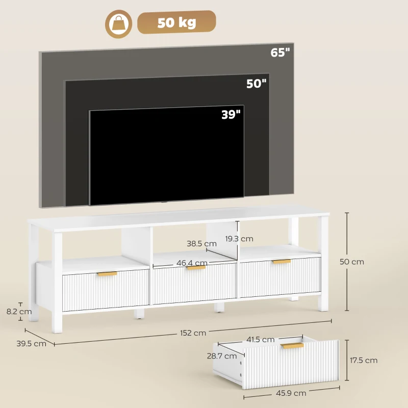 HOMCOM Comodă TV 152 cm, mobilier TV pentru televizor 165,1 cm cu 3 sertare și 3 rafturi deschise, 152x39,5x50cm, alb