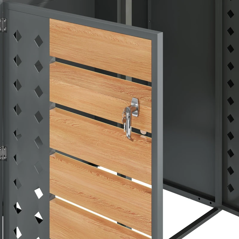 Mülltonnenbox mit 4‑fach Aufbewahrung, rautenförmiger Seitenperforation für Belüftung, 264x80x118,5 cm, Grau+Naturfarbe